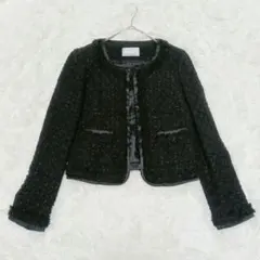 ​エムプルミエブラック 36 ツイードノーカラージャケット 黒 セレモニー