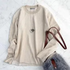 【セオリーリュクス】クルーネックニット　コットン　カシミヤ　畦編み　ベージュ　M