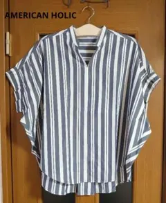 【AMERICAN HOLIC】ストライプ柄 スキッパーブラウス 半袖 Mのサムネイル