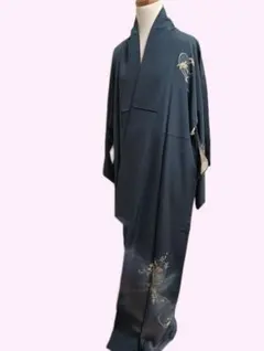 青地 花柄刺繍 付下　絹