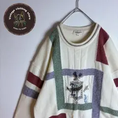 【ニット 刺繍デザイン レトロ感 ゆるダボ 古着 白】