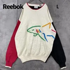 リーボック クルーネックニット L 白 マルチカラー 刺繍ロゴ 人気【8697】のサムネイル