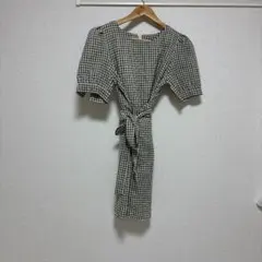 チェック柄 半袖ミニワンピース ウエストリボン付き