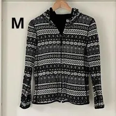 フリース リバーシブル ジップアップパーカー M 幾何学柄 黒×白 秋冬 防寒