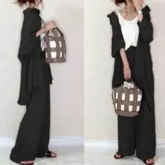 3L 黒 パンツスーツ セットアップ ワイドパンツ スーツ カーディガン c3