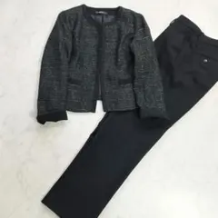 美品　ツイード　ノーカラージャケット　パンツスーツ　ユニクロ他　黒　L