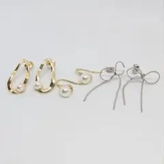 ピアス　3点セット　パール　リボン　ゴールド　シルバー　スリコのサムネイル