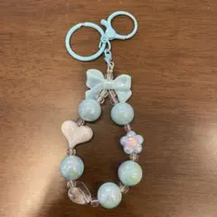 水色リボンとハートのスマホストラップ　じゃらじゃらキーホルダー