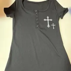 クロスプリント リブヘンリーネック 半袖Tシャツ ブラックy2k