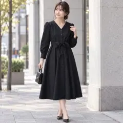美品 ANAYI アナイ ウールジョーゼットVネックワンピース フレア シャツ
