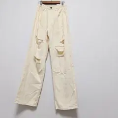 【シーン】 ダメージ加工 ストレートデニム パンツ アイボリー レディース XSのサムネイル