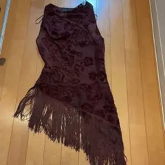 ZARA フリンジ付き花柄ワンピース ワインレッド