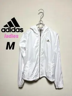 adidas レディース白 /フード付きジップアップウィンドブレーカーMサイズ