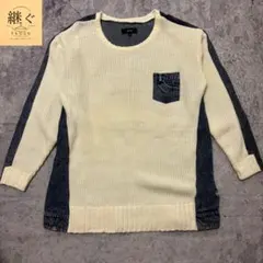 vintage 00s デニム切替 ニット クルーネック ダメージ加工　ギミック