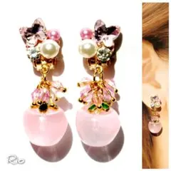 ✨️人気✨️桜ピンク 蝶 ガラスフルーツ ビジュー♥イヤリング【No.119】