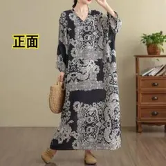 F【新品】26年度　秋春　薄手　V字襟　花柄　マキシ丈　ブラック