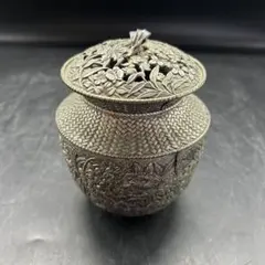 在銘 鍛栄作 七草香炉 高岡銅器 銀メッキ 金工美術 伝統工芸 香道具 