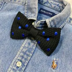 【新品未使用品】黒×青 水玉 ドット ニット ボウタイ 蝶ネクタイ