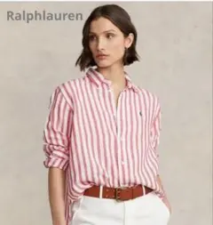 完売品美品ポロラルフローレン ストライプ リネンシャツ 刺繍ロゴ リネン100%