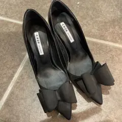 リボン付き 黒 ハイヒールパンプス