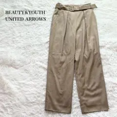 B&Y ベルト付きタックワイドパンツ ストレート ウール サイドファスナー 上品