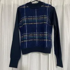 ネイビー チェック柄 ニット 長袖
