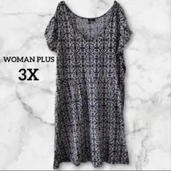 ✨１点物✨【3X】Vネック半袖ワンピース 総柄 カットソーワンピース ブラック
