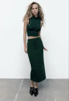 ZARA ダークグリーン タイトスカート スリット入り
