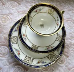 美品 オールドノリタケ マルキ印 コバルト金盛 トリオセット カップ