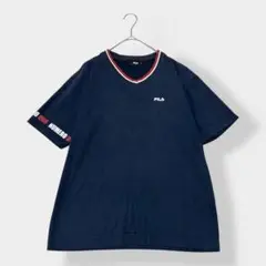 FILA フィラ Ｖネック ロゴプリント 半袖 Tシャツ ネイビー M 古着
