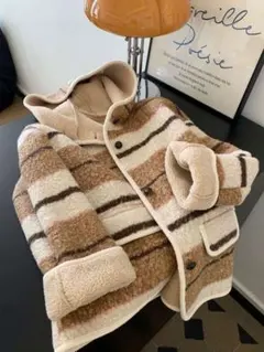 フリースジャケット フード付き ベージュブラウン