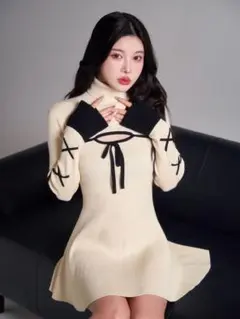 Darich バイカラーリボンデザインニットミニワンピース