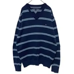 トミー ヒルフィガー Vネック コットン ニット 刺繍ロゴ ボーダー