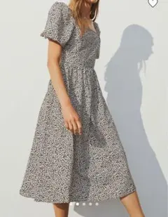 H&M 小花柄パフスリーブ ワンピース ミモレ丈 コットン