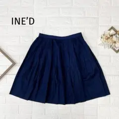 INE’D / イネド フレアスカート 9 ネイビー 膝丈 綿 上品シルエット