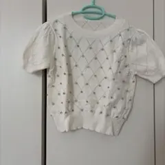 ホワイト ダイヤモンド模様 半袖ニット