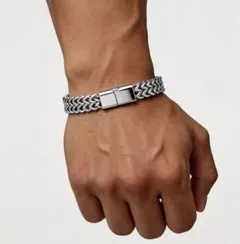 メンズ ステンレス 編み込み ブレスレット シルバー 2連チェーン 19cm