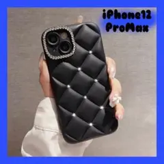 【iPhone12ProMax】 スマホケース キルティング ブラック 韓国