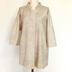 着物リメイク　染大島ベージュ模様入り七分袖チュニック