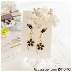 ビジュー♡お花・:*ブラックストーン♡ハンドメイドピアスorイヤリング♡
