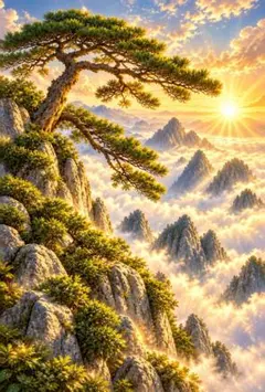 山岳の風景　神々しい光　風景画　松　岩山　イラスト　デジタルアート　E457