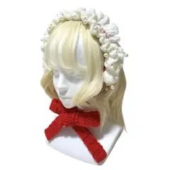 太め顎紐×パール20粒｜フリルヘッドドレス 白×赤｜ロリータ　クラシカル