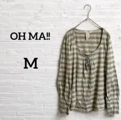 海外古着!OH MA!! 【M】グレーベージュストライプ 長袖 Tシャツ リボン