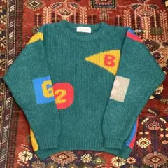 【古着】アルファベット & ナンバー柄 ニット グリーン Mサイズ ウール混