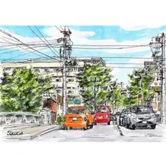 原画一点物　「街並み」　＜ペン＋透明水彩＞