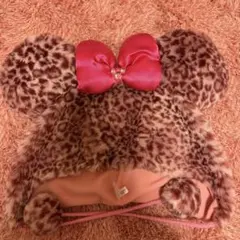 ヒョウ柄ミッキー耳帽子 ピンクリボン付き