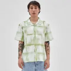 GUESS コットンリネン チェック柄 半袖オープンカラーシャツ　グリーン 緑のサムネイル