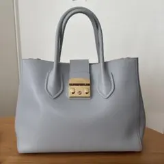 FURLA レザートートバッグ 2way ショルダー付 ライトブルー グレー