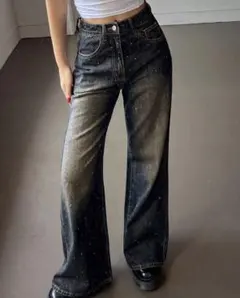 SHEINスパンコール付きダークデニムパンツ