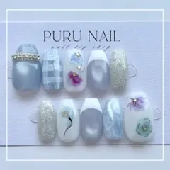 566現品◾️春⭐︎花×チェック×シルキーマグネット️×ブルー×パープル◾️ネイルチップ